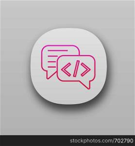 Chatbot coding app icon. UI/UX user interface. Talkbot with chip insert. Codebot. Code writing virtual assistant. Online helper. Web or mobile application. Vector isolated illustration. Chatbot coding app icon
