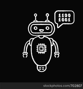 Chatbot coding chalk icon. Talkbot with chip insert. Codebot. Code writing virtual assistant. Online helper. Modern robot. Isolated vector chalkboard illustration. Chatbot coding chalk icon