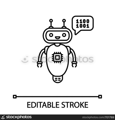 Chatbot coding linear icon. Thin line illustration. Talkbot with chip insert. Codebot. Code writing virtual assistant. Online helper. Contour symbol. Vector isolated outline drawing. Editable stroke. Chatbot coding linear icon