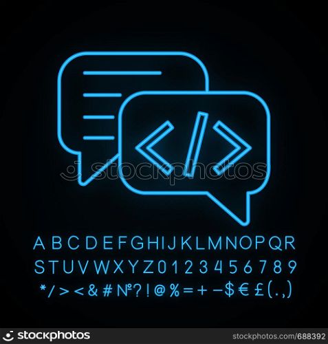 Chatbot coding neon light icon. Talkbot with chip insert. Codebot. Code writing virtual assistant. Online helper. Glowing sign with alphabet, numbers and symbols. Vector isolated illustration. Chatbot coding neon light icon