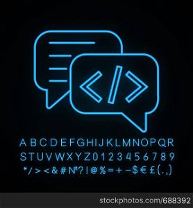 Chatbot coding neon light icon. Talkbot with chip insert. Codebot. Code writing virtual assistant. Online helper. Glowing sign with alphabet, numbers and symbols. Vector isolated illustration. Chatbot coding neon light icon
