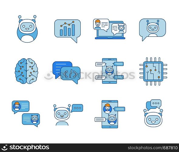 Chatbot color icons set. Chat bots. Talkbots. Virtual assistants. Support, chat, code, messenger bots. Online helpers. Isolated vector illustrations. Chatbot color icons set