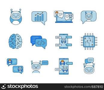 Chatbot color icons set. Chat bots. Talkbots. Virtual assistants. Support, chat, code, messenger bots. Online helpers. Isolated vector illustrations. Chatbot color icons set