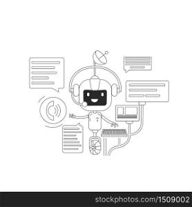 Chatbot communication app thin line concept vector illustration. Online chatting application. Internet support service robot 2D cartoon character for web design. Talk bot creative idea