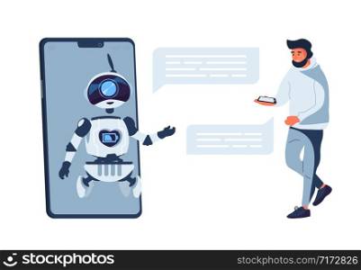 Chatbot concept. Chat bot customer support, artificial intelligence. Vector flat illustration online help service with smart assistant on smartphone screen. Chatbot concept. Chat bot customer support. Artificial intelligence. Online help service. Vector flat illustration