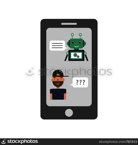 Chatbot concept. Man chatting with chat bot in smartphone. Cartoon style. Vector illustration.