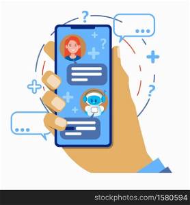 Chatbot concept. User chatting with robot chat bot mobile application on smartphone. Hand holds a smartphone. Vector flat illustration isolated on white background.. Chatbot concept. User chatting with robot chat bot mobile application on smartphone. Hand holds a smartphone. Vector flat illustration