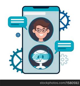 Chatbot concept. Users chatting with cute robot chat bot on smartphone. Flat cartoon vector illustration for site, banners, web, mobile application isolated on white background.. Chatbot concept. Users chatting with cute robot chat bot on smartphone. Flat cartoon vector illustration for site, banners, web, mobile application