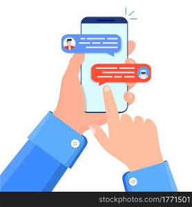 Chatbot concept. woMan chatting with chat bot on smartphone. Chat messages notification on smartphone. Chatbot ai and customer service concept. Vector illustration in flat style. Man chatting with chat bot on smartphone.