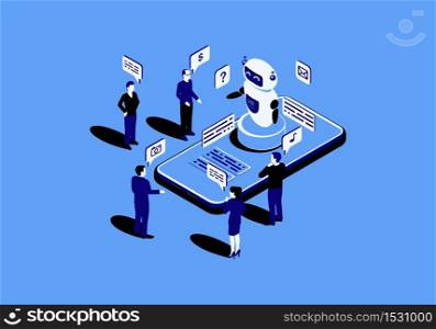Chatbot flat isometric vector illustration. Chat bot receiving client messages, requests. Future marketing. Teacherbot. Website assistance. Customer service infographic. IOT 3d monochrome concept. Mobile app design. Chatbot flat isometric vector illustration