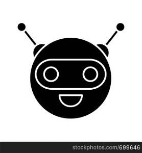 Chatbot glyph icon. Silhouette symbol. Talkbot. Circle head laughing chat bot. Modern robot. Virtual assistant. Conversational agent. Negative space. Vector isolated illustration. Chatbot glyph icon