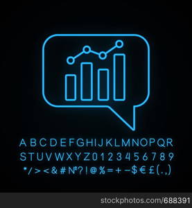 Chatbot graph neon light icon. Chat bot diagram and analytics. Virtual assistant. Trading bot. Glowing sign with alphabet, numbers and symbols. Vector isolated illustration. Chatbot graph neon light icon