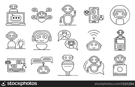 Chatbot icons set. Outline set of chatbot vector icons for web design isolated on white background. Chatbot icons set, outline style