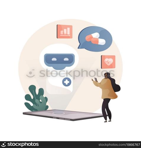 Chatbot in healthcare abstract concept vector illustration. Artificial intelligence caregiver, chatbot healthcare use, anonymous consultation, clinic AI assistant, chat service abstract metaphor.. Chatbot in healthcare abstract concept vector illustration.