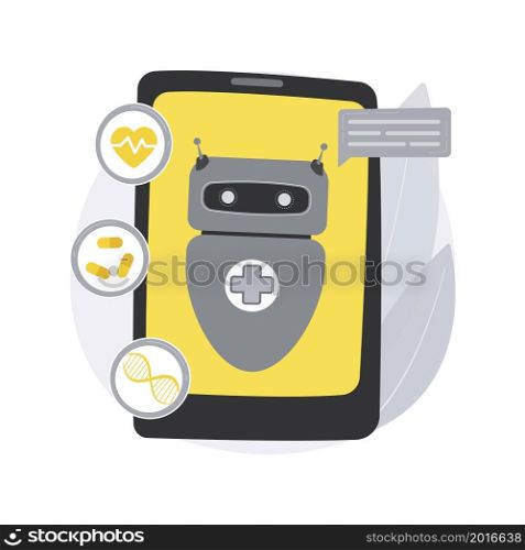 Chatbot in healthcare abstract concept vector illustration. Artificial intelligence caregiver, chatbot healthcare use, anonymous consultation, clinic AI assistant, chat service abstract metaphor.. Chatbot in healthcare abstract concept vector illustration.