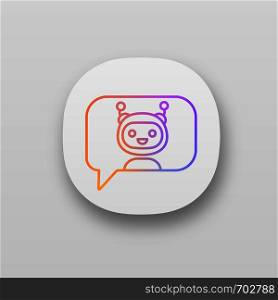 Chatbot in speech bubble app icon. UI/UX user interface. Talkbot. Virtual assistant. Online support service. Modern robot. Web or mobile application. Vector isolated illustration. Chatbot in speech bubble app icon