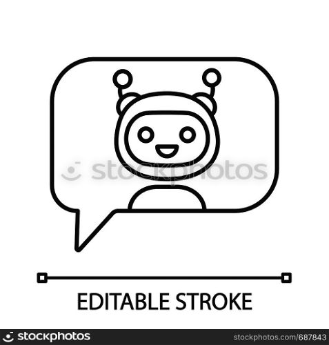 Chatbot in speech bubble linear icon. Thin line illustration. Talkbot. Virtual assistant. Online support service. Modern robot. Contour symbol. Vector isolated outline drawing. Editable stroke. Chatbot in speech bubble linear icon