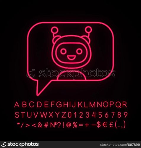 Chatbot in speech bubble neon light icon. Talkbot. Virtual assistant. Online support service. Modern robot. Glowing sign with alphabet, numbers and symbols. Vector isolated illustration. Chatbot in speech bubble neon light icon