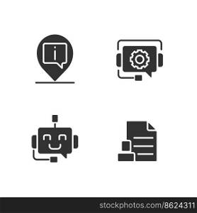 Chatbot info help black glyph icons set on white space. Seeking location online. Digital support service. Technology. Silhouette symbols. Solid pictogram pack. Vector isolated illustration. Chatbot info help black glyph icons set on white space