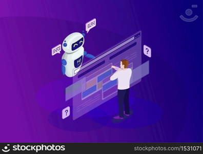 Chatbot isometric color vector illustration. Customer service infographic. Client use chat bot. Website assistance. Teacherbot. Future marketing. Technical support. Webpage, mobile app 3d concept. Chatbot isometric color vector illustration