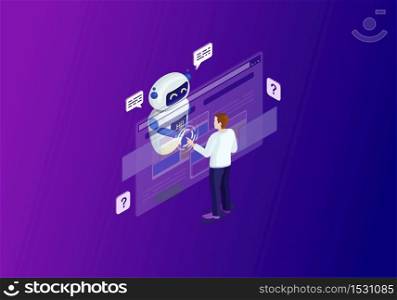 Chatbot isometric color vector illustration. Customer service infographic. Client use chat bot. Website assistance. Teacherbot. Future marketing. User technical support. Webpage, mobile app 3d concept. Chatbot isometric color vector illustration