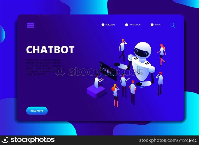 Chatbot isometric concept. Bot chatting with people. Artificial intelligence conversation future technology vector landing page. Development robot for support, virtual ai isometry illustration. Chatbot isometric concept. Bot chatting with people. Artificial intelligence conversation future technology vector landing page