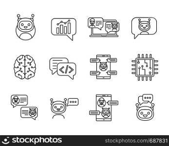 Chatbot linear icons set. Thin line contour symbols. Chat bots. Talkbot. Virtual assistants. Support, chat, code, messenger bots. Online helpers. Isolated vector outline illustrations. Editable stroke. Chatbot linear icons set