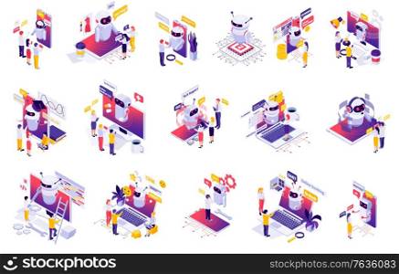 Chatbot messenger ai applications isometric set with personal time finance business manager bot creation isolated vector illustration. Chatbot Messenger Isometric Set