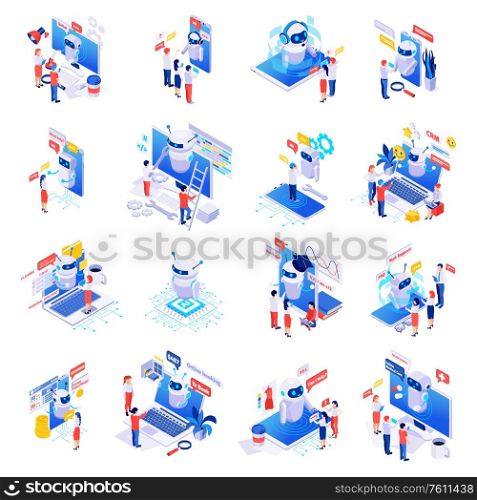 Chatbot messenger applications isometric set with personal task time planner finance manager customer assistant isolated vector illustration