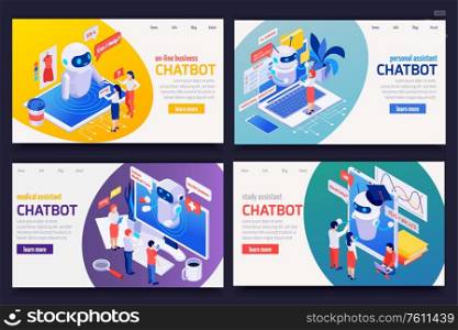 Chatbot messenger concept 4 isometric web banners set with personal medical financial business study assistants vector illustration