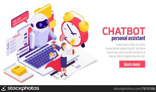 Chatbot messenger isometric web banner landing page design with businesswoman using electronic time planning assistant vector illustration