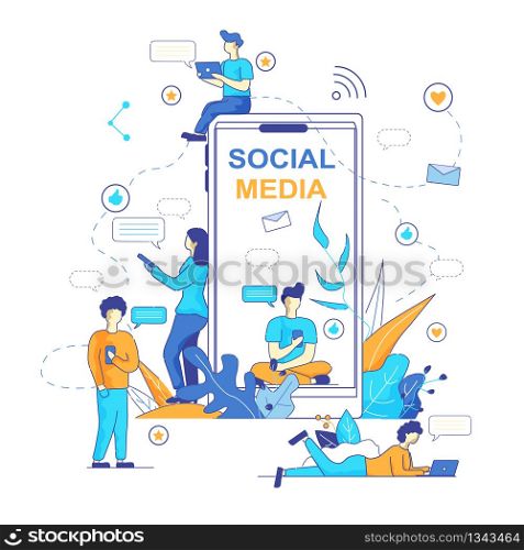 Chatbot Messenger Popular Trend in Social Media. Vector Illustration on White Background. Smartphone in Foreground. Young Men and Girls Correspond in Messengers using Artificial Intelligence.