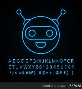 Chatbot neon light icon. Talkbot. Circle head laughing chat bot. Modern robot. Virtual assistant. Conversational agent. Glowing sign with alphabet, numbers and symbols. Vector isolated illustration. Chatbot neon light icon