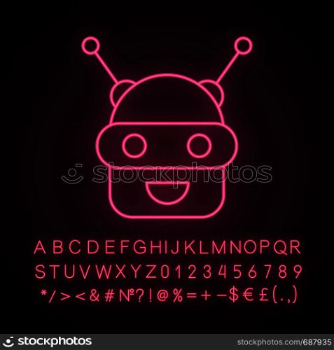 Chatbot neon light icon. Talkbot. Modern robot. Android laughing chat bot. Virtual assistant. Conversational agent. Glowing sign with alphabet, numbers and symbols. Vector isolated illustration. Chatbot neon light icon