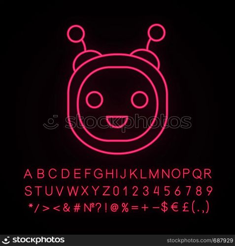 Chatbot neon light icon. Talkbot. Modern robot. Round head laughing chat bot. Virtual assistant. Conversational agent. Glowing sign with alphabet, numbers and symbols. Vector isolated illustration. Chatbot neon light icon