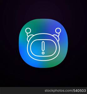 Chatbot notification app icon. Chat bot face with exclamation mark. Important message. Artificial conversational entity. UI/UX user interface. Web or mobile application. Vector isolated illustration. Chatbot notification app icon