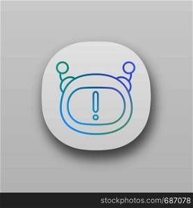 Chatbot notification app icon. Chat bot face with exclamation mark. Important message. Virtual assistant announcement. UI/UX user interface. Web or mobile application. Vector isolated illustration. Chatbot notification app icon
