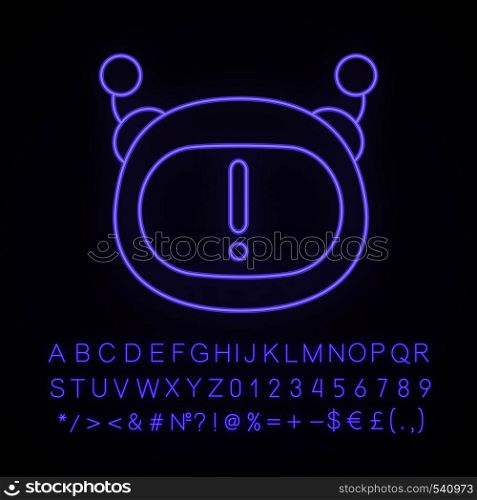 Chatbot notification neon light icon. Chat bot face with exclamation mark. Important message. Virtual assistant. Glowing sign with alphabet, numbers and symbols. Vector isolated illustration. Chatbot notification neon light icon
