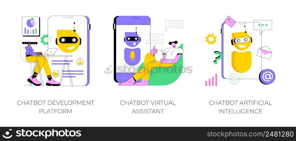 Chatbot programming abstract concept vector illustration set. Chatbot development platform, virtual assistant and Artificial Intelligence, wireframe, machine learning service abstract metaphor.. Chatbot programming abstract concept vector illustrations.