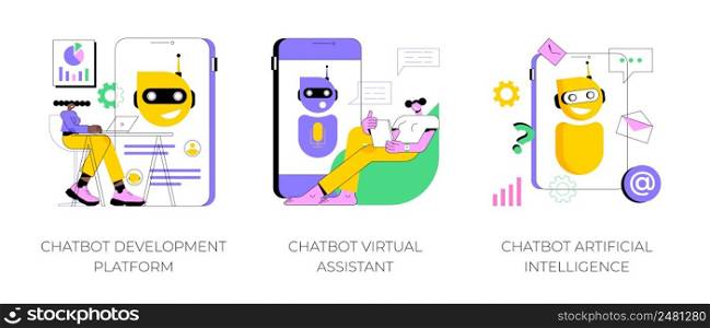 Chatbot programming abstract concept vector illustration set. Chatbot development platform, virtual assistant and Artificial Intelligence, wireframe, machine learning service abstract metaphor.. Chatbot programming abstract concept vector illustrations.