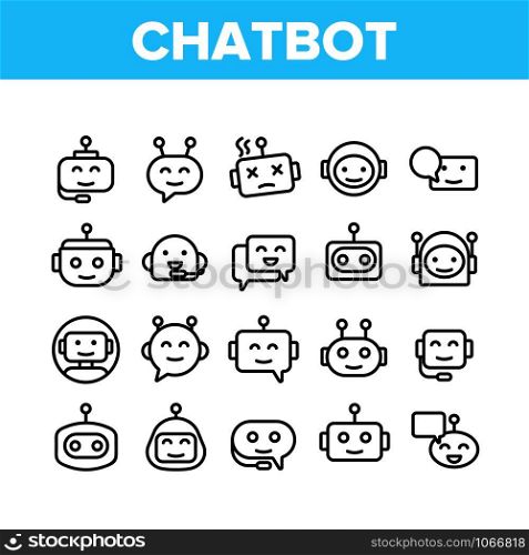 Chatbot Robot Collection Elements Icons Set Vector Thin Line. Artificial Intelligence Chatbot. Communication Message Technology Concept Linear Pictograms. Monochrome Contour Illustrations. Chatbot Robot Collection Elements Icons Set Vector