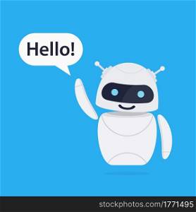Chatbot robot concept. Cute bot say users Hello. Chatbot greets. Online consultation. Bot holds speech bubbles. Vector illustration in flat style. Chatbot robot concept.