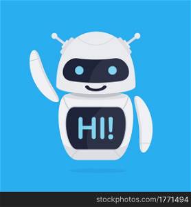 Chatbot robot concept. Cute bot say users Hi. Chatbot greets. Online consultation. Vector illustration in flat style. Chatbot robot concept.