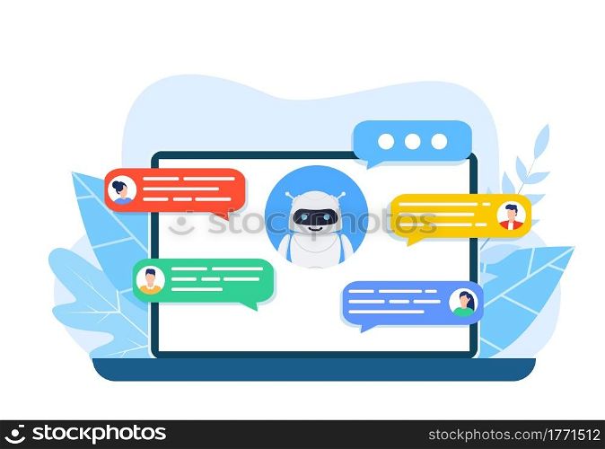Chatbot robot concept. Dialog help service. User and bot speech messages. people chatting with cute smiling robot. Dialog with bot. Vector illustration in flat style. Chatbot robot concept.