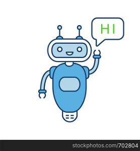 Chatbot saying hi color icon. Talkbot greeting user. Virtual assistant. Online helper. Modern robot. Isolated vector illustration. Chatbot saying hi color icon