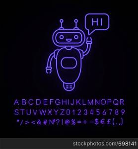 Chatbot saying hi neon light icon. Talkbot greeting user. Virtual assistant. Online helper. Modern robot. Glowing sign with alphabet, numbers and symbols. Vector isolated illustration. Chatbot saying hi neon light icon