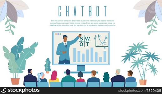 Chatbot Service for Communicating with Potential Clients Flat Vector Web Banner, Landing Page Template with People Sitting in Front of Screen, Businessman Presenting Financial Indicators Illustration