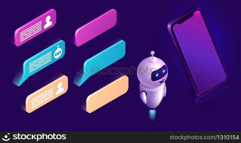 Chatbot technology, isometric set vector illustration. Ultraviolet background with mobile phone, artificial intelligence or robot figure, text bubble or message icons, interface design elements. Chatbot technology, isometric icons interface set