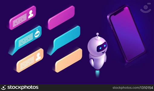 Chatbot technology, isometric set vector illustration. Ultraviolet background with mobile phone, artificial intelligence or robot figure, text bubble or message icons, interface design elements. Chatbot technology, isometric icons interface set