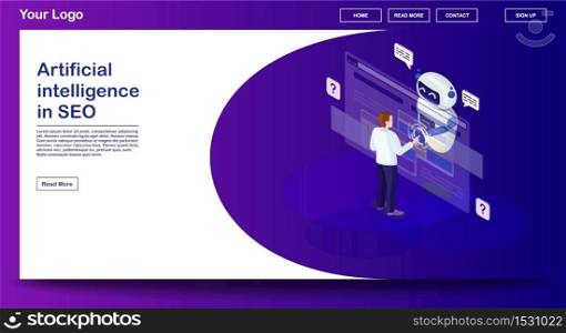 Chatbot webpage vector template with isometric illustration. Website interface design. Customer service infographic. Artificial intelligence in SEO. Client use chat bot. Webpage, mobile app 3d concept. Chatbot webpage vector template with isometric illustration